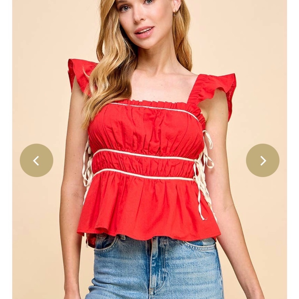 ❤️ Anna Grace Red Ruffle-Shoulder Peplum Top - Picture 3 of 12